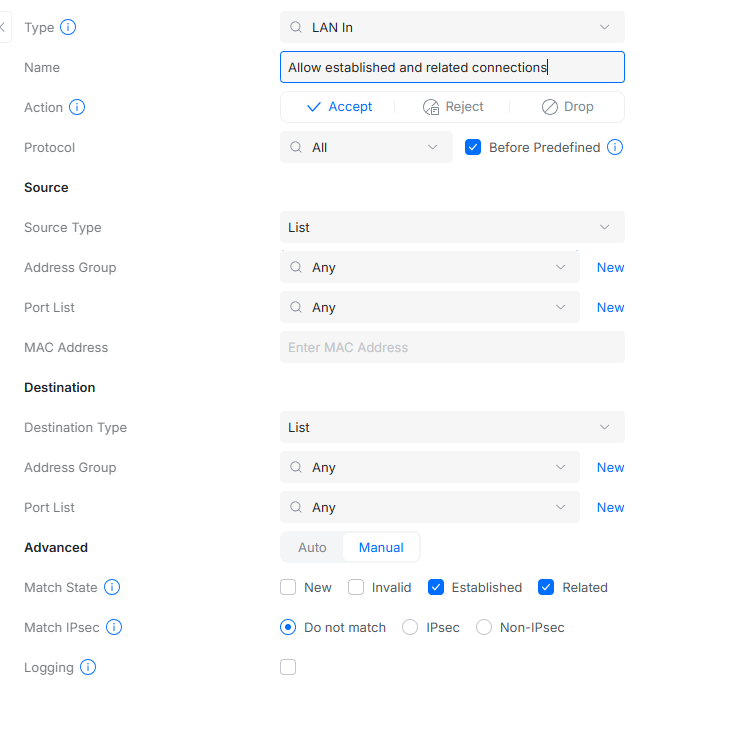 UniFi Firewall Rule showing Allow Established and Related Connections configuration