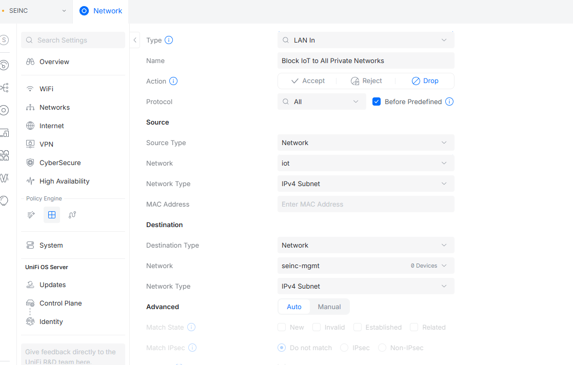 UniFi Firewall Rule showing Drop Action from IoT network to Private Management Network