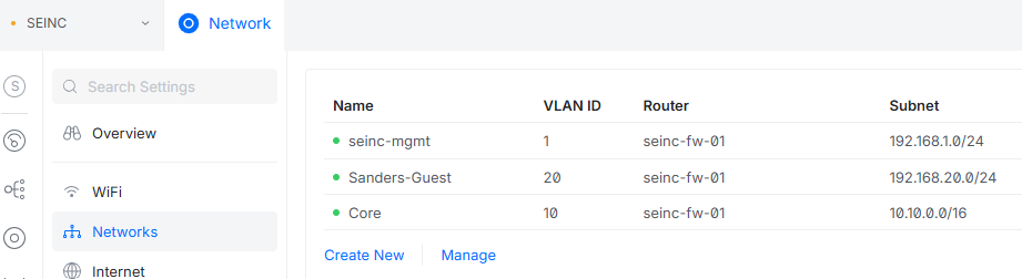 UniFi Network Application showing configured VLANs and Subnets